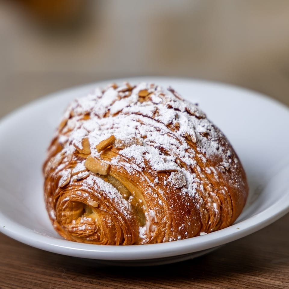 Golden almond pastry dusted with powdered sugar, served on a white plate atop a wooden table.