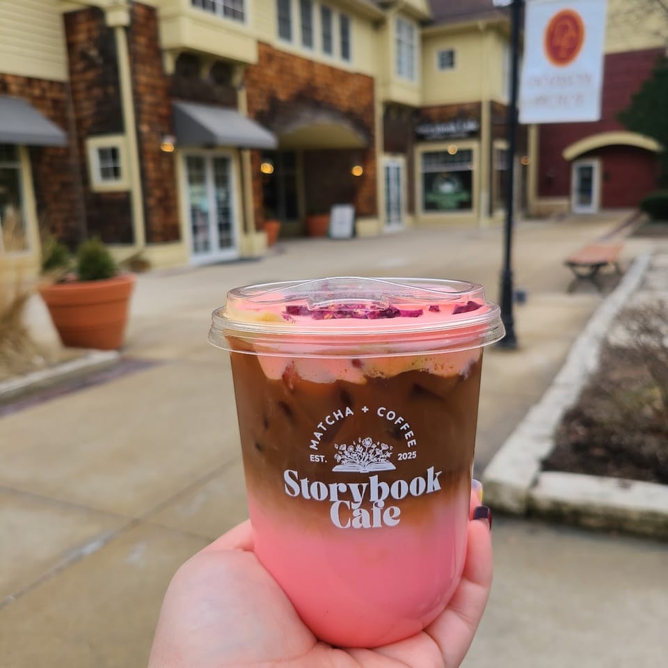 Hand holding a Storybook Cafe iced coffee with pink and brown layers, topped with rose petals, outdoors.
