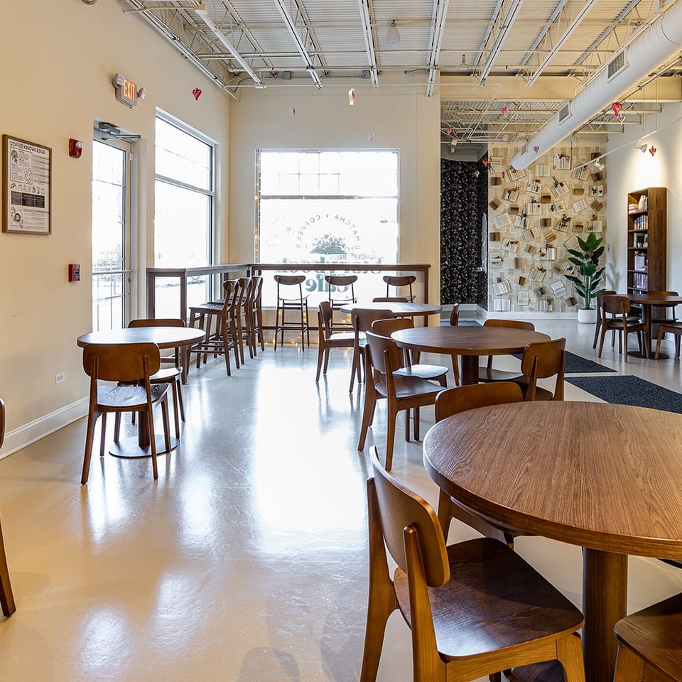 Bright café interior with wooden tables, chairs, bookshelves, plants, large windows, and a wall decorated with open books.